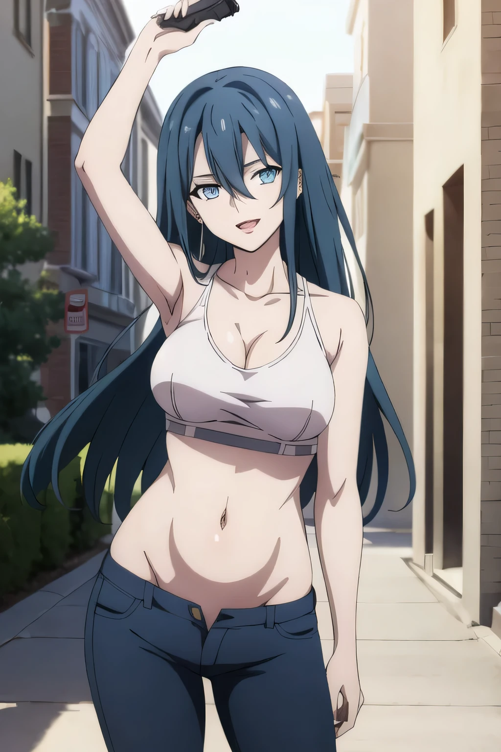 , 1girl, solo, schnee_synduality_noir, blue hair, blue eyes, long hair, masterpiece,high quality,4k, bare shoulder,belly,crop top,outdoor,cleavage,jeans,casual
dress,street,road,smile, open mouth, (nsfw) not safe for work, holding a gun,handgun, evil expression,
exposed belly, exposed navel, exposed midriff, exposed lower belly, crop top overhang, underboob,
unbuttoned jeans , low rise black jeans, Low rise jeans, Low rise jeans with open fly, , lipstick,open arms sideway, arms T-pose, smirk, standing, anime girl T posing