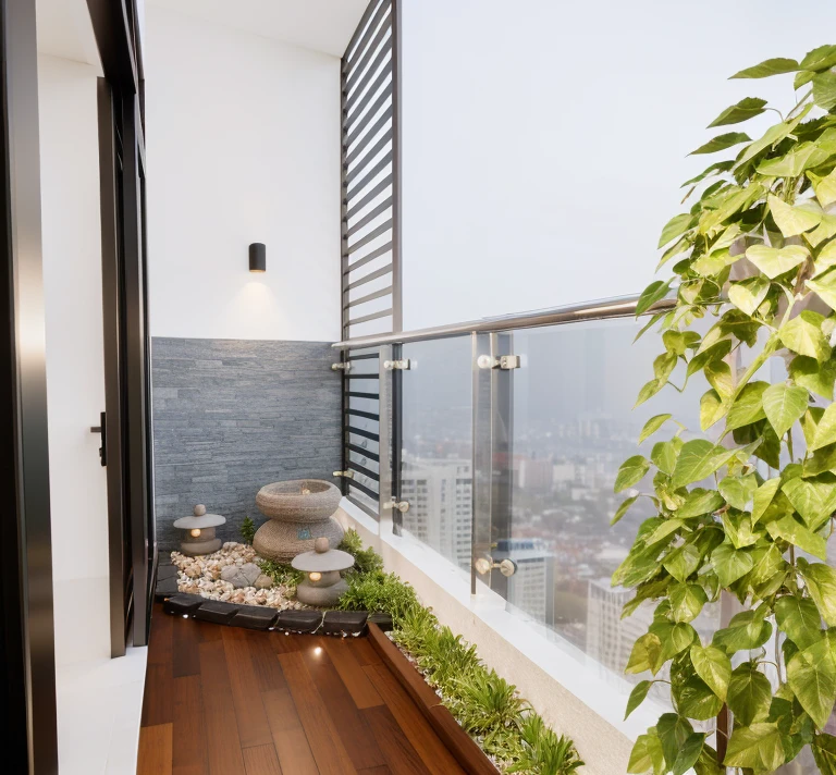 sunset ,glass railing, architecture, wall white, tone black, plant, gravel, rock wall, wood floor, RAW photo, super realistic photo, 8k, DSLR, (high detailed skin:1.3), soft lighting, ultra quality, film grain, Fujifilm XT3, sharp image, best quality, authentic, high quality, 