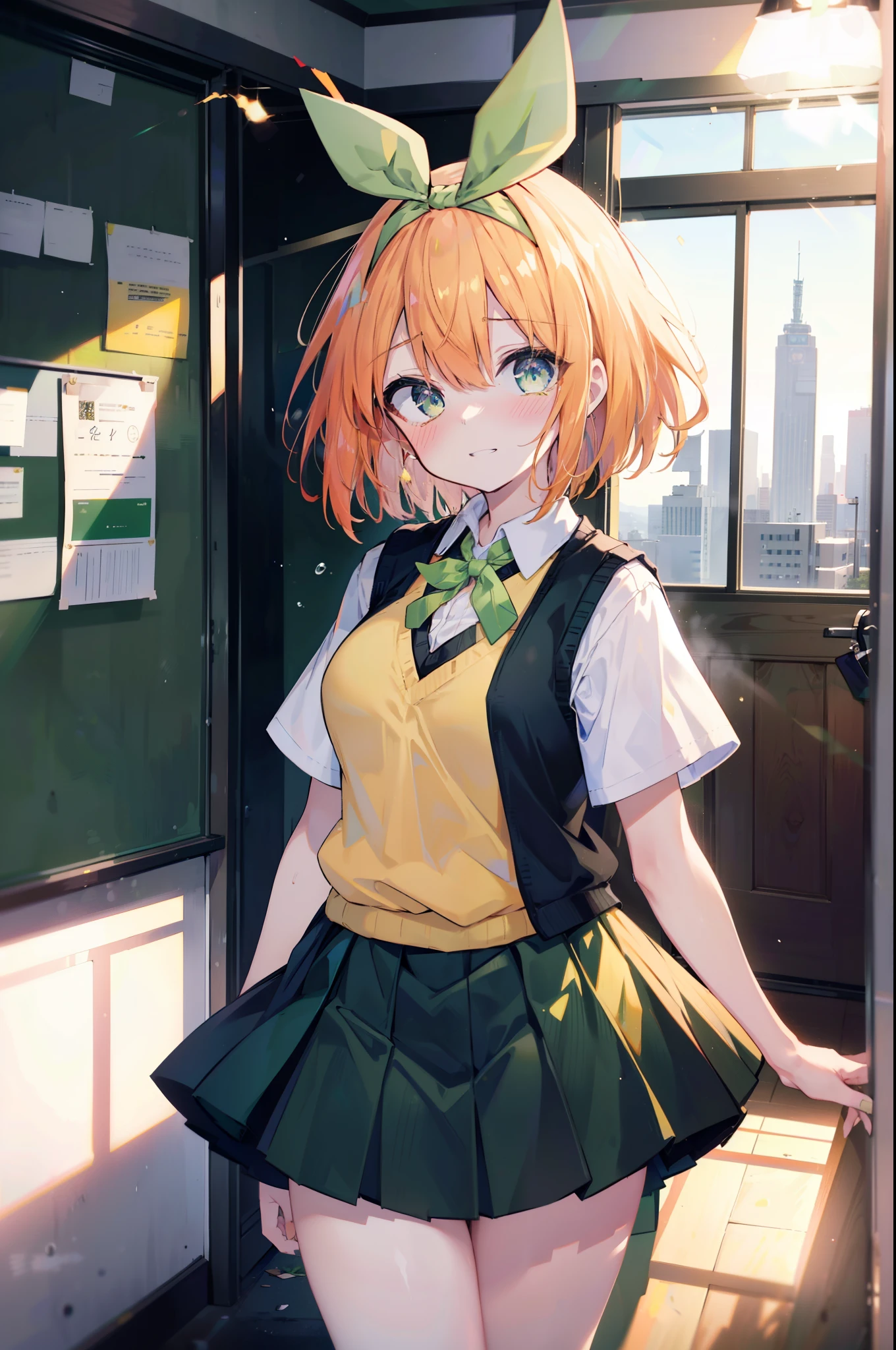 yotsubanakano, yotsuba nakano, bangs, short hair, blue eyes, hair between eyes, hair ribbon, hair band, orange hair, (green ribbon:1.5), smile,tears run down her face,Crying with joy,blush,smile, 
Mikan Yuki skirt, shirt, bow, ribbon, , white shirt, short sleeve, pleated skirt, shoes, shoes下, collared shirt, mini skirt, bowtie, black footwear, knee high, green skirt, black shoes下, loafers, green bow, sweater vest, green ribbon, (yellow sweater vest:1.5),window　building street,evening,sunset,
break indoors, classroom,
break looking at viewer, (cowboy shot:1.5),
break (masterpiece:1.2), highest quality, High resolution, unity 8k wallpaper, (figure:0.8), (detailed and beautiful eyes:1.6), highly detailed face, perfect lighting, Very detailed CG, (perfect hands, perfect anatomy),