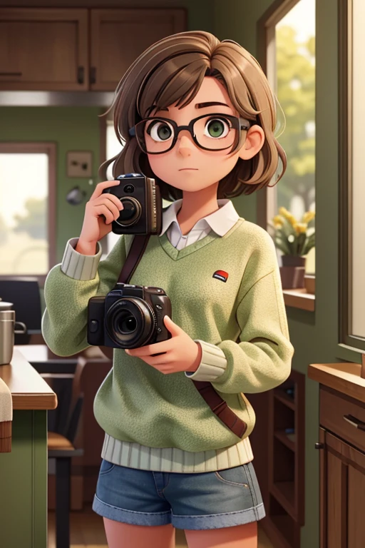teenage girl with brown hair with white streaks of hair, With short hair, in a green sweater with a camera in his hands, with round glasses and gray eyes