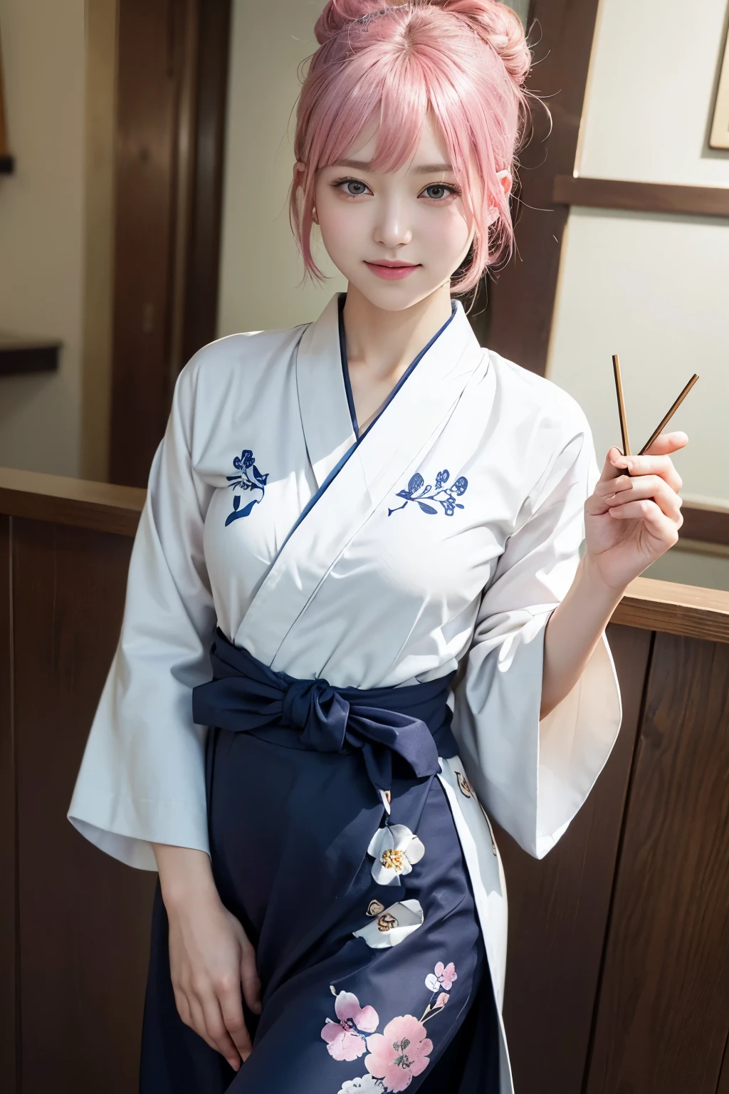 (8K, highest quality, masterpiece:1,2), (realistic, Photoreal:1.37), Super detailed, one girl,), (very detailed), (detailed and beautiful eyes), (highest qualityの), (Super detailed ), (masterpiece), (detailed face),20-year-old, ,1 girl, ((pink hair,very short hair)), medium breasts, dressed, perfect lighting, break  (navy blue haori:1.3), (white collar:1.2), (three quarter sleeves:1.2), (white kimono:1.4), (nature motif pattern:1.2), (navy blue hakama:1.3), (Ankle length:1.2), (The hem is not too wide either、:1.2), (white obi:1.4), (simple knot:1.2), (white foot bag:1.2), (Black geta:1.2), (low height:1.2), (Easy to walk:1.2), (bun hair:1.2), (hair ornaments:1.2), (flowers and pieces of paper:1.2), break bun hair, flowers and pieces of paper hair ornaments, smile, friendly, looking at camera, hold soba with right hand, Holding chopsticks with left hand, Please do not put soup on the soba., In front of the soba shop counter, Wall with menu and photos, Natural light, Adding soft shadows to the face
