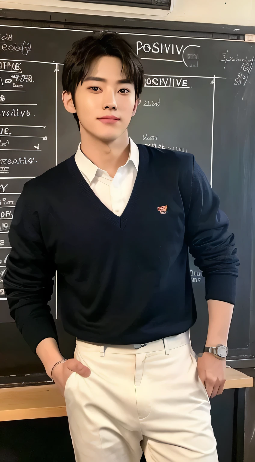 front face, (Super cool S class boy)、 20 year old korean boys、Syoung handsome man、 whole body photos、 (CG Unity 8K high-definition photos)、 (very detailedShandsome man in class)、 (Photoreal)、 ((highest quality))、 Super detailed、 (masterpiece)、 Super high quality、 short hair、 bright pictures、 Handsome guy like a model、 Handsome like an idol、whole body 、holding text、stand in front of the blackboard、,((positive:1.5)), K-POP, ((super realistic photos:1.5)), muscular, ,high school teacher、white dress shirt、black pants、classroom、sexy look