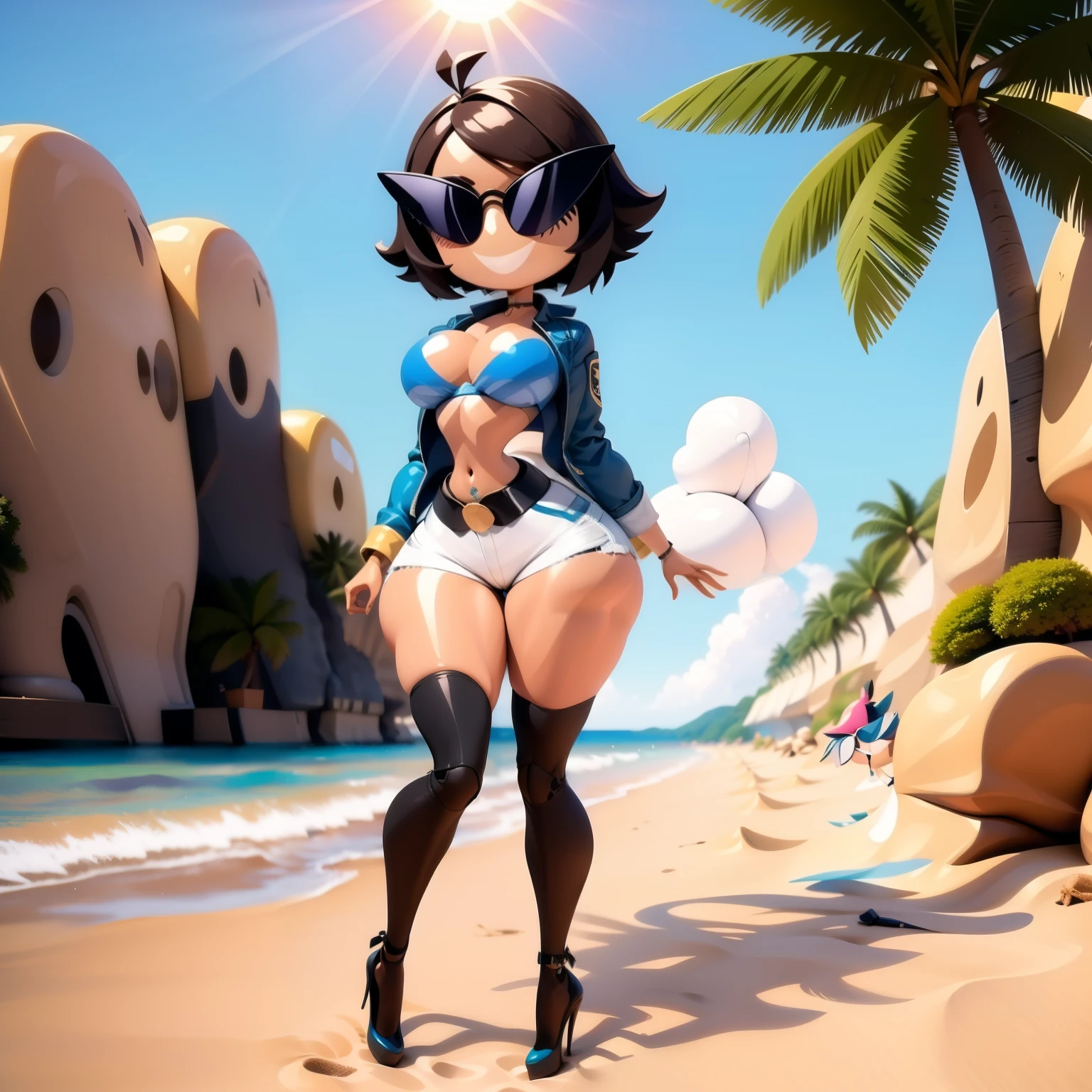 (best quality, top quality), masterpiece, best quality, sunnification, 1girl, short, curvy, thighs, plastic hair, joints, high heels, standing, beach, palm tree, sun, noon, blue sky, aqua ocean, aqua water, full body, doll, revealing clothes, big head, 1girl, solo, breasts, curvy, wide hips, narrow waist, joints, doll joints, cleavage, bursting breasts, huge breasts,light from back, no eyebrows, midriffchan, tomboy, (midriff), thighhighs, (dark skin), choker, ((blue jacket)), sunglasses on forehead, denim shorts, (ahoge), piercings, toned, short brown hair, beach