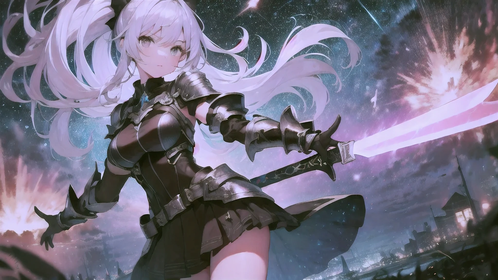 one adult woman、Beauty、Silver ponytail、serious expression、Silver armor、mini skirt、have a magic sword、healthy body、thigh、cowboy shot、background starry sky、masterpiece、highest quality、High resolution、high detail、vivid colors、8K