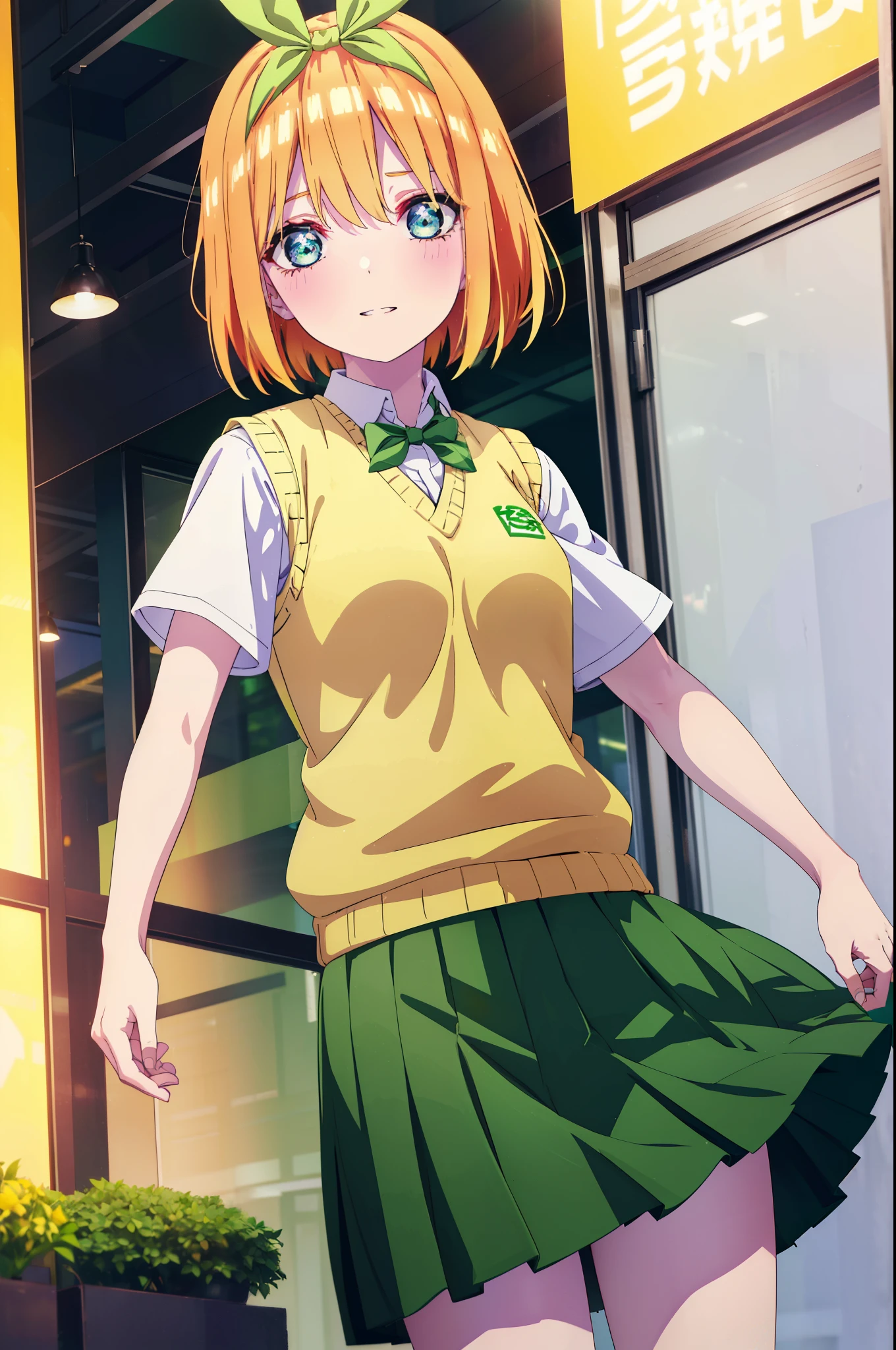 yotsubanakano, yotsuba nakano, bangs, short hair, blue eyes, hair between eyes, hair ribbon, hair band, orange hair, (green ribbon:1.5), smile,tears run down her face,Crying with joy,blush,smile,
Mikan Yuki skirt, shirt, bow, ribbon, , white shirt, short sleeve, pleated skirt, shoes, shoes下, collared shirt, mini skirt, bowtie, black footwear, knee high, green skirt, black shoes下, loafers, green bow, sweater vest, green ribbon, (yellow sweater vest:1.5),window building street,evening,sunset,
break indoors, classroom,
break looking at viewer, (cowboy shot:1.5),
break (masterpiece:1.2), highest quality, High resolution, unity 8k wallpaper, (figure:0.8), (detailed and beautiful eyes:1.6), highly detailed face, perfect lighting, Very detailed CG, (perfect hands, perfect anatomy),