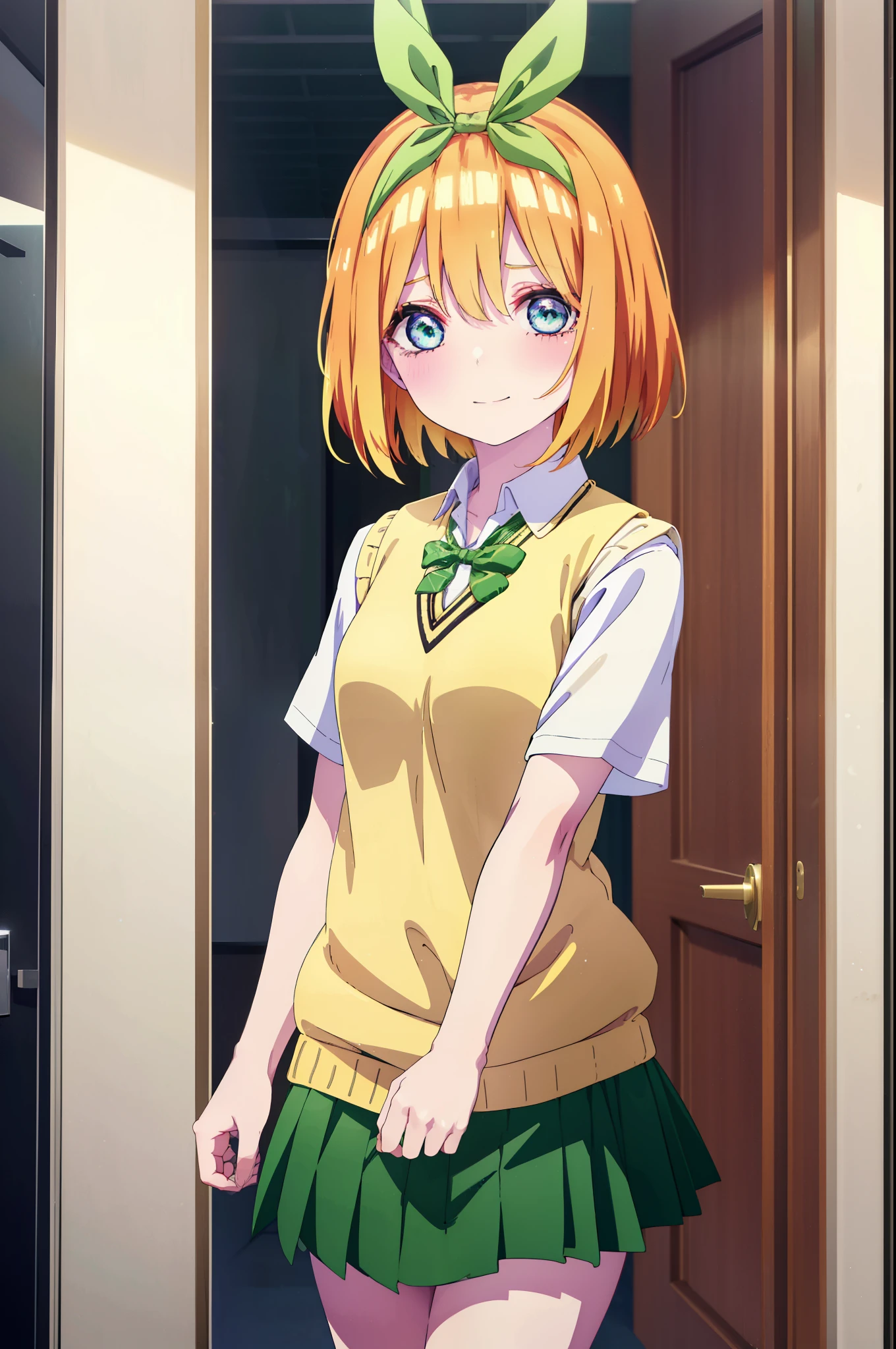 yotsubanakano, yotsuba nakano, bangs, short hair, blue eyes, hair between eyes, hair ribbon, hair band, orange hair, (green ribbon:1.5), smile,tears run down her face,Crying with joy,blush,smile, 
Mikan Yuki skirt, shirt, bow, ribbon, , white shirt, short sleeve, pleated skirt, shoes, shoes下, collared shirt, mini skirt, bowtie, black footwear, knee high, green skirt, black shoes下, loafers, green bow, sweater vest, green ribbon, (yellow sweater vest:1.5),window　building street,evening,sunset,
break indoors, classroom,
break looking at viewer, (cowboy shot:1.5),
break (masterpiece:1.2), highest quality, High resolution, unity 8k wallpaper, (figure:0.8), (detailed and beautiful eyes:1.6), highly detailed face, perfect lighting, Very detailed CG, (perfect hands, perfect ???????),