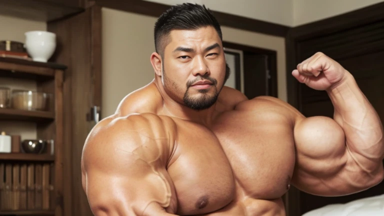 (hugging each other:1.4), fat face, (inside bedroom:1.2), Japanese man, Chinese man, Korean man, Taiwanese man, manly face, (round face:1.4), (monolid eyes:1.2), (buzz cut:1.4), very large and strong body, bulky body, beefy muscles (bulging muscles:1.4), (very large pectoral muscles:1.4), (muscular arms:1.4), muscular abs, muscular legs, muscular back, brightens oily skin, master piece, realistic, panorama, distant view