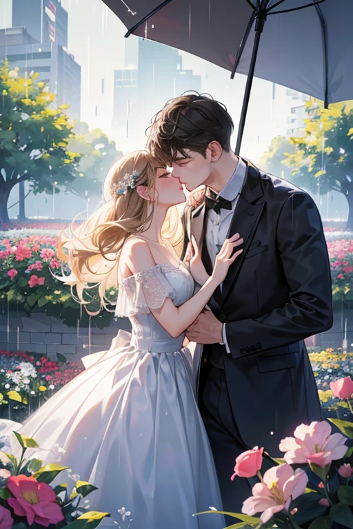 (1.5 SD men and women, A romantic and sweet encounter, Height difference, light hair color and dark hair color, kiss, rain, flower garden, sharp details, high quality),
two individuals, One man and one woman, with a Height difference, Come join me for a tender and romantic moment. men's hair color is bright, While the woman's hair is dark. They find themselves under the gentle patter of rain, Droplets glitteringly reflect on your face. 彼女の唇が彼の唇と情熱的なkissを交わす, Their faces were filled with love and longing.. The view is blue々としたflower gardenの美しさに囲まれています, Wet ground in the background、The petals are clearly visible
