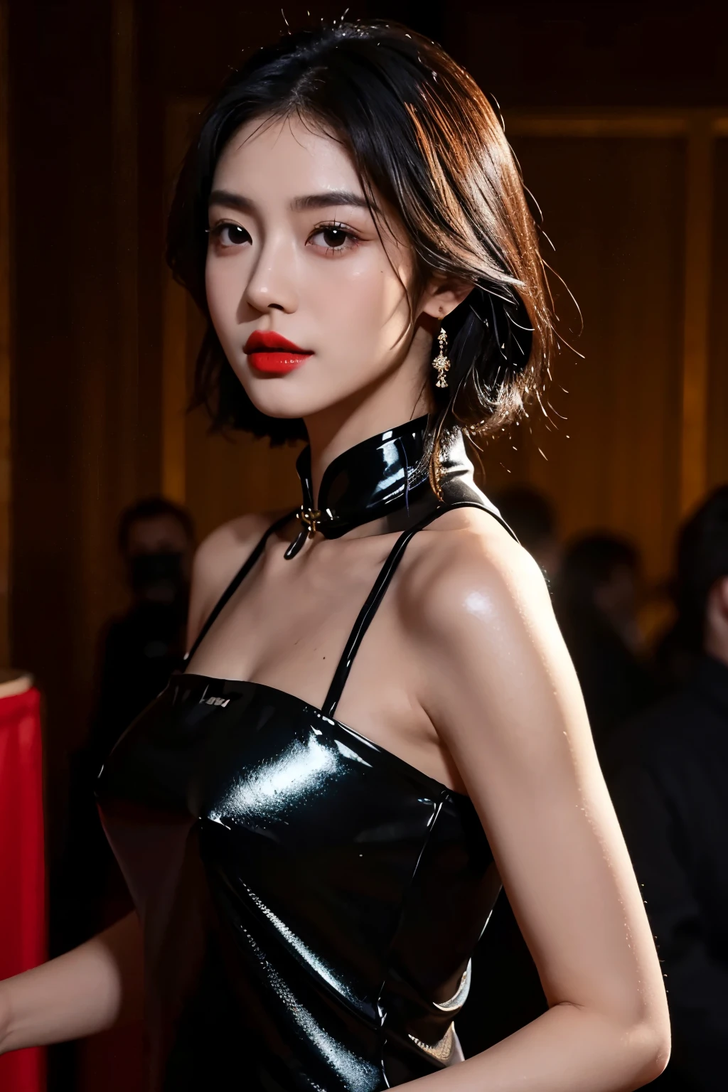 1 Girl,shrub,girl girl, Black cheongsam dress, Blunt, (masterpiece:1.4), (best quality:1.4), (Oily and shiny skin), Red lips, Looking at the audience, Large Breasts, Cleft lip, Upper Body,