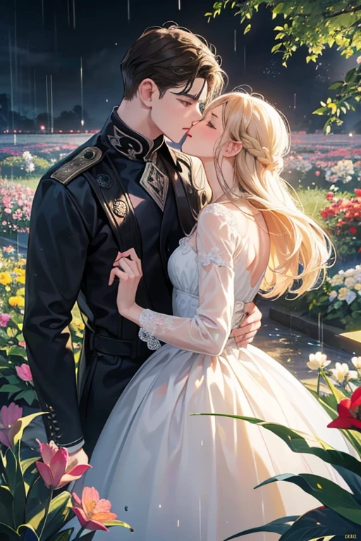 (1.5 SD men and women, A romantic and sweet encounter, Height difference, light hair color and dark hair color, kiss, rain, flower garden, sharp details, high quality),
two individuals, One man and one woman, with a Height difference, Come join me for a tender and romantic moment. men&#39;s hair color is bright, While the woman&#39;s hair is dark. They find themselves under the gentle patter of rain, Droplets glitteringly reflect on your face. 彼女の唇が彼の唇と情熱的なkissを交わす, Their faces were filled with love and longing.. The view is blue々としたflower gardenの美しさに囲まれています, Wet ground in the background、The petals are clearly visible