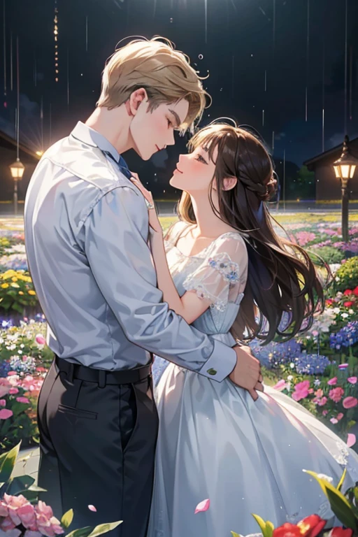 (1.5 SD men and women, A romantic and sweet encounter, Height difference, light hair color and dark hair color, kiss, rain, flower garden, sharp details, high quality),
two individuals, One man and one woman, with a Height difference, Come join me for a tender and romantic moment. men's hair color is bright, While the woman's hair is dark. They find themselves under the gentle patter of rain, Droplets glitteringly reflect on your face. 彼女の唇が彼の唇と情熱的なkissを交わす, Their faces were filled with love and longing.. The view is blue々としたflower gardenの美しさに囲まれています, Wet ground in the background、The petals are clearly visible