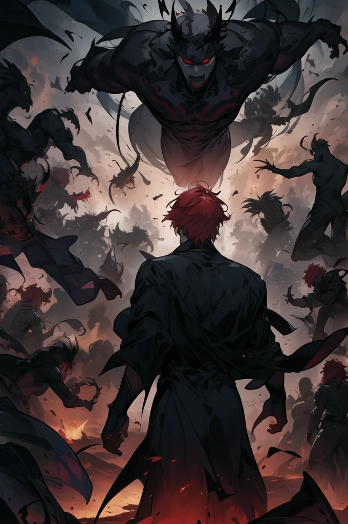 Seven Great Black Shadow Demons,A pale magic circle floating in the sky,A blade that cuts through the darkness,A hero who fights against the destruction of the world,Wonderful fantasy,A young man with short wine red hair, his back turned,disaster々horde of evil monsters,decisive battle of fate
