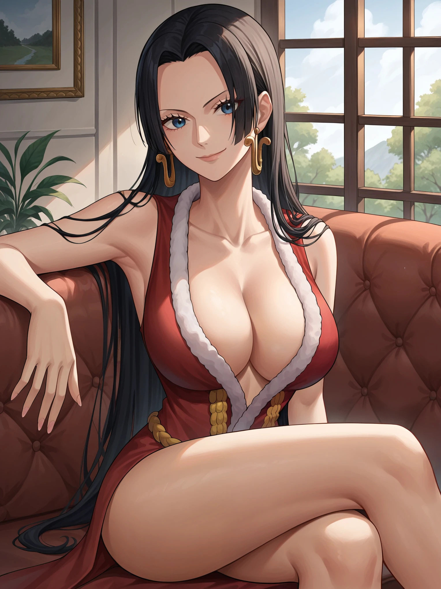 source_anime,score_9,score_8_up, score_7_up, 1girl,solo,outdoors,one piece, boa hancock, couch, indoors, seductive,, face closeup, ((closed mouth)), smirk