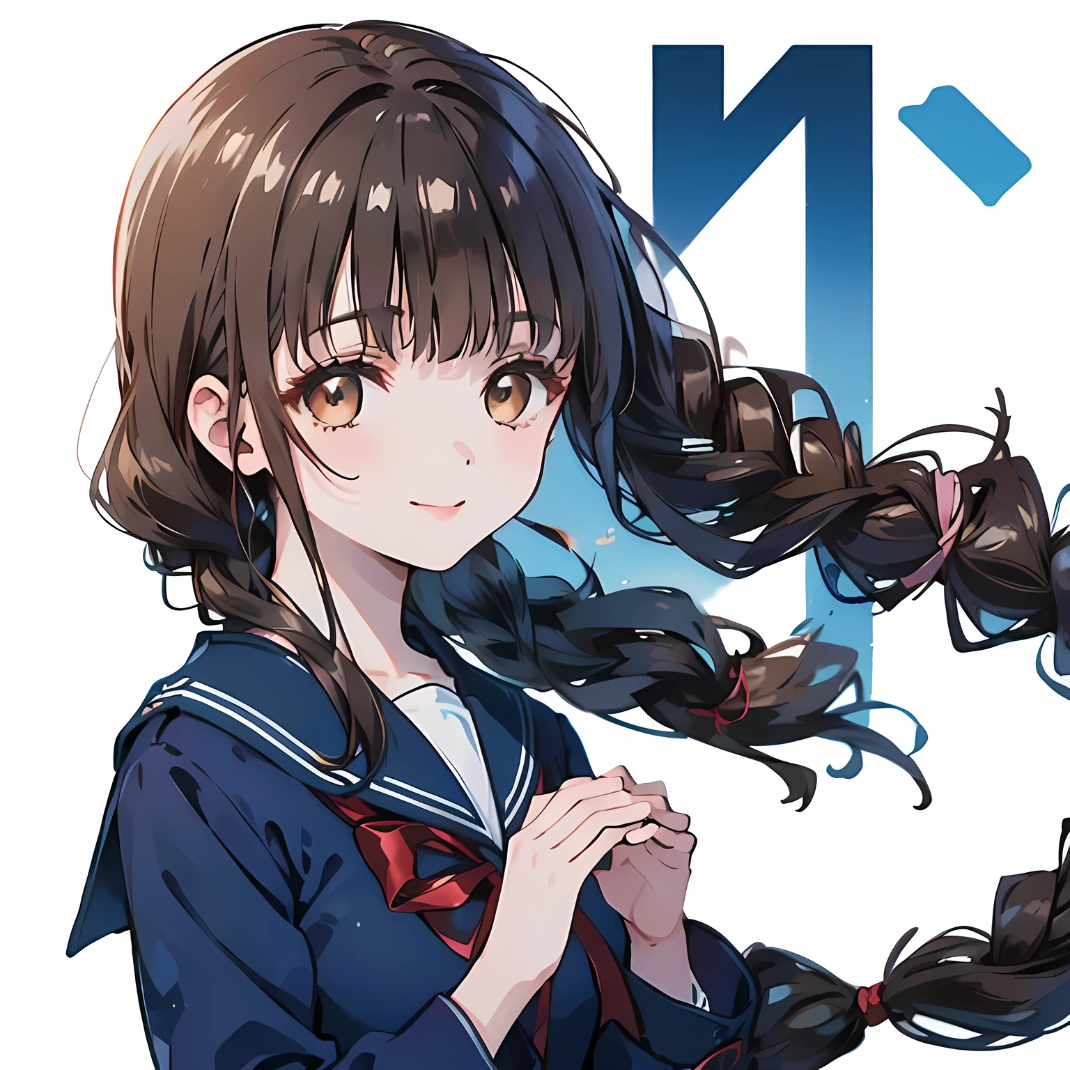 highest quality, (masterpiece:1.2), High resolution, perfect pixel, One long and so beautiful straight haired , , (((big very detailed beautiful dark brown eyes))), ((((Navy blue winter sailor suit)))), ((very lovely & large & wide ribbon barrette)), ((((very beautiful long straight straight hair)))), ((Blue ribbon on the chest)), (((face up))), ((Smiling at the audience)), Very fun, Very happy, mouth is open, the long skirt is so cute, detailed fingers, modest chest, ((curled bangs)), ((Lip balm)), so beautiful, long eyelashes, ((セーラー服 is photo realistic)), (((Touching your hair with your hands))), ((Showing viewers the beauty of straight hair)), ((very big girly hair ribbons)), ((Impressive and very beautiful eyes)), (((shot from the side))), double eyelids