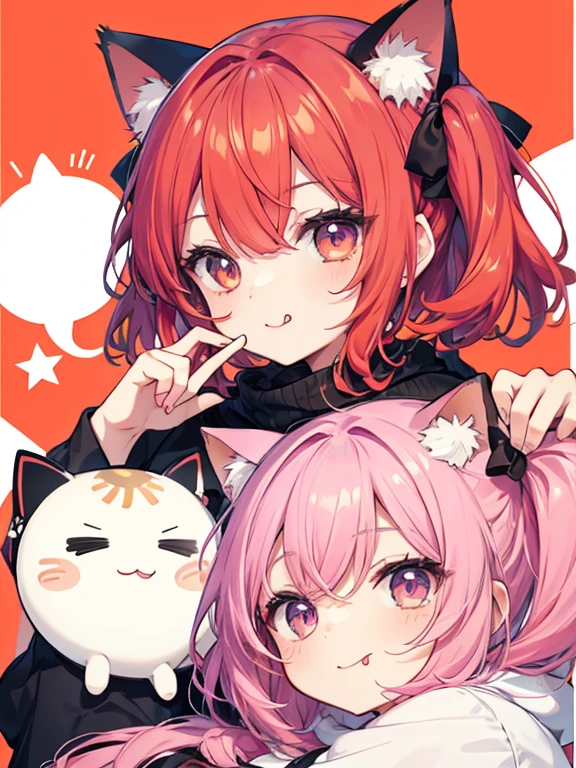 Chibi Cat Stickers、white backgrounid、Emoji Maker、kawaii、Bright red hair、Bright background、put out the tongue、Wink、