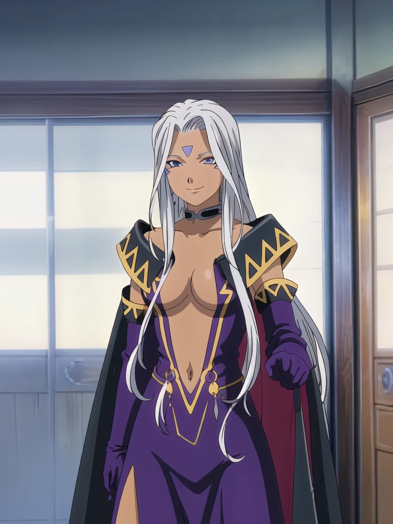Urd, 1girl, solo, looking at viewer, smile, goddess outfit, bare chest, navel, detached sleeves, gloves, cape, high skirt slit, standing, perfect quality, good quality, masterpiece, HDR, UHD