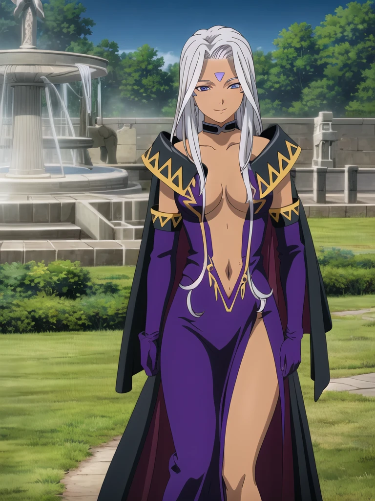Urd, 1girl, solo, looking at viewer, smile, goddess outfit, bare chest, navel, detached sleeves, gloves, cape, high skirt slit, standing, perfect quality, good quality, masterpiece, HDR, UHD