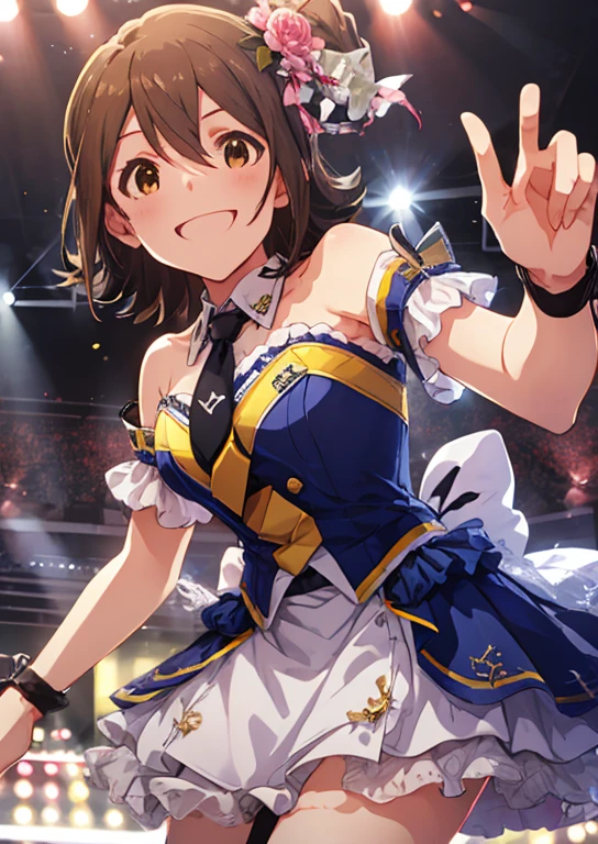 Mirai Kasuga (million live), (highest quality, 8K, masterpiece, Super detailed:1.2), (Lens flare, particles of light, shine), big breasts, smile, open your mouth, masterpiece, highest quality, Super detailed, High resolution, Very detailed CG, official art, idol costume, pink tie,white skirt, off shoulder, dancing idol, stage, sexy,panty shot, leaning forward