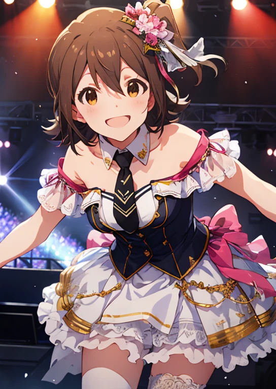 Mirai Kasuga (million live), (highest quality, 8K, masterpiece, Super detailed:1.2), (Lens flare, particles of light, shine), big breasts, smile, open your mouth, masterpiece, highest quality, Super detailed, High resolution, Very detailed CG, official art, idol costume, pink tie,white skirt, off shoulder, dancing idol, stage, sexy,panty shot, leaning forward