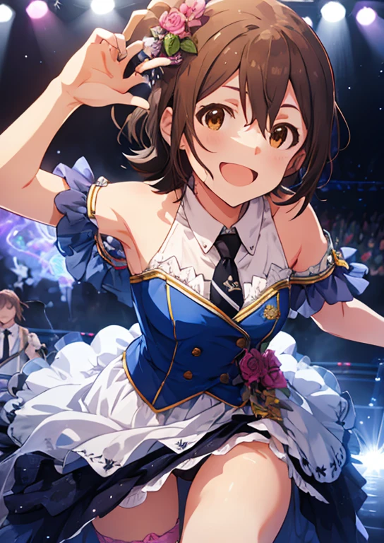 Mirai Kasuga (million live), (highest quality, 8K, masterpiece, Super detailed:1.2), (Lens flare, particles of light, shine), big breasts, smile, open your mouth, masterpiece, highest quality, Super detailed, High resolution, Very detailed CG, official art, idol costume, pink tie,white skirt, off shoulder, dancing idol, stage, sexy,panty shot, leaning forward