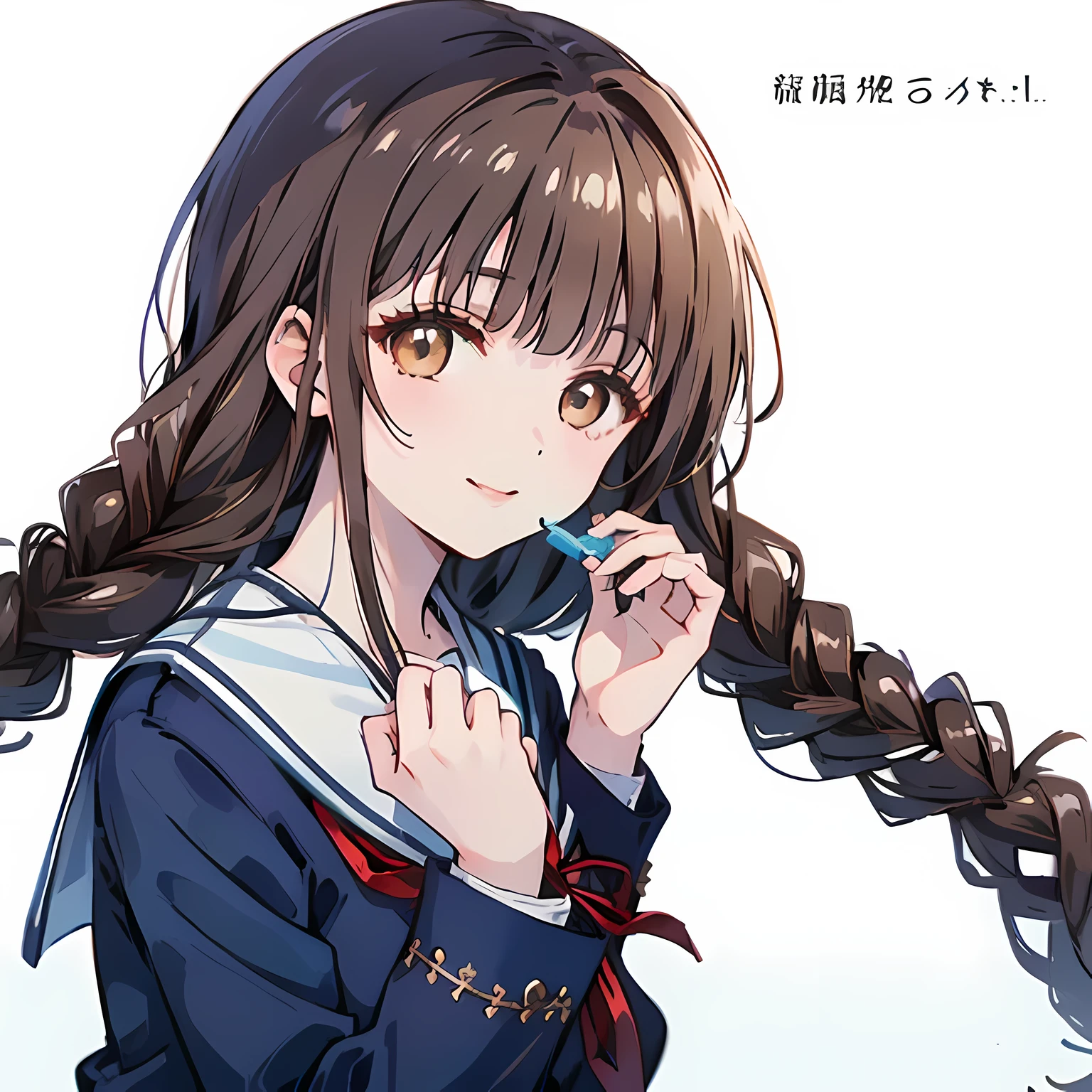 highest quality, (masterpiece:1.2), High resolution, perfect pixel, One long and so beautiful straight haired , 16 years old, (((big very detailed beautiful dark brown eyes))), ((((Navy blue winter sailor suit)))), ((very lovely & large & wide ribbon barrette)), ((((very beautiful long straight straight hair)))), ((Blue ribbon on the chest)), (((face up))), ((Smiling at the audience)), Very fun, Very happy, mouth is open, the long skirt is so cute, detailed fingers, modest chest, ((curled bangs)), ((Lip balm)), so beautiful, long eyelashes, ((セーラー服 is photo realistic)), (((Touching your hair with your hands))), ((Showing viewers the beauty of straight hair)), ((very big girly hair ribbons)), ((Impressive and very beautiful eyes)), (((shot from the side))), double eyelids