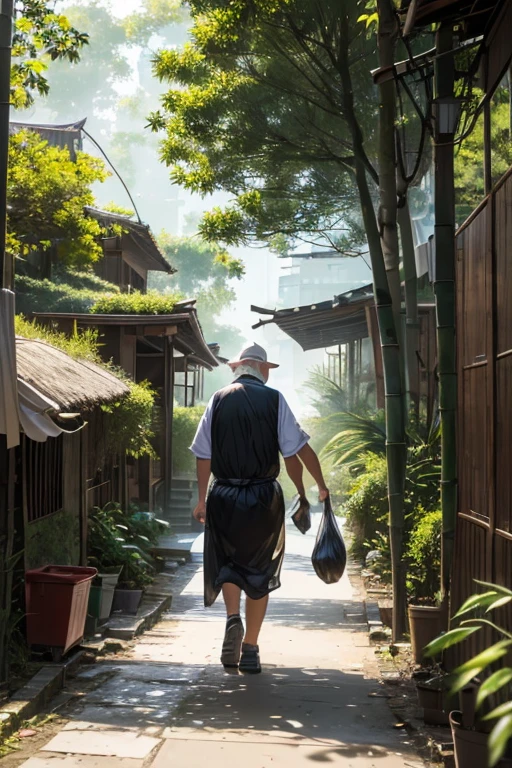 (8K), (best quality), (muste piece: 1.2)　morning、((carrying a big garbage bag))、old man going to throw away trash、bamboo forest