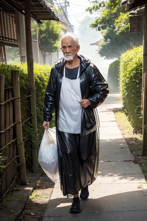 (8K), (best quality), (muste piece: 1.2) morning、((carrying a big garbage bag))、old man going to throw away trash、bamboo forest