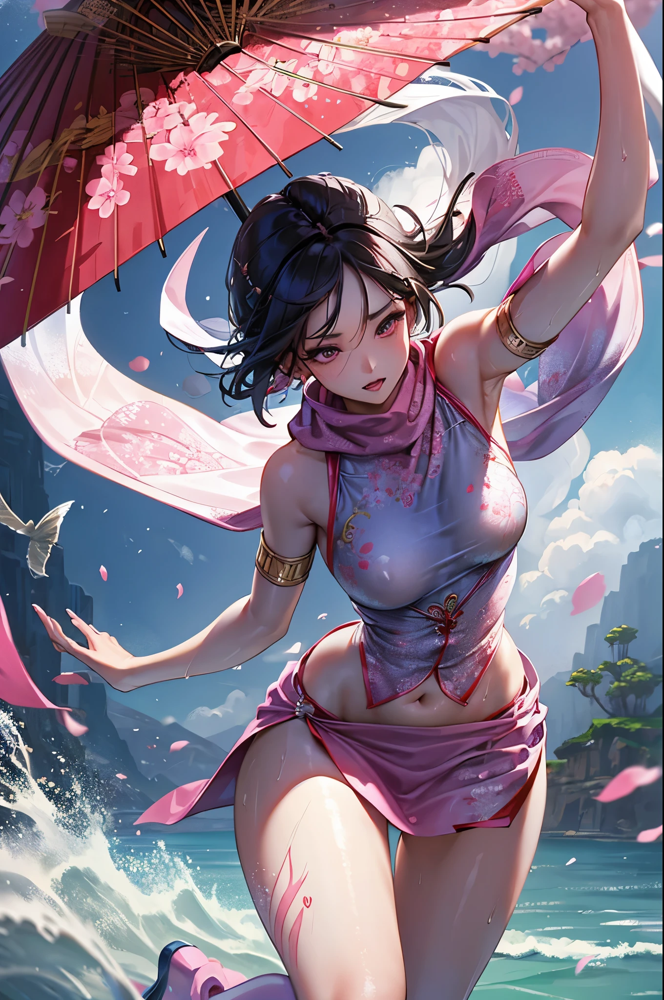 female dancer, silk cheongsam, small breast, perfect body shape, sakura pattern, holding old umbrella, wind effect, wet, naughty face, nipple, mink scarf, under , masterpieces, best lighting, HD ,16k, best figure, see-though clothes, thigh cloth, corruption tattoo