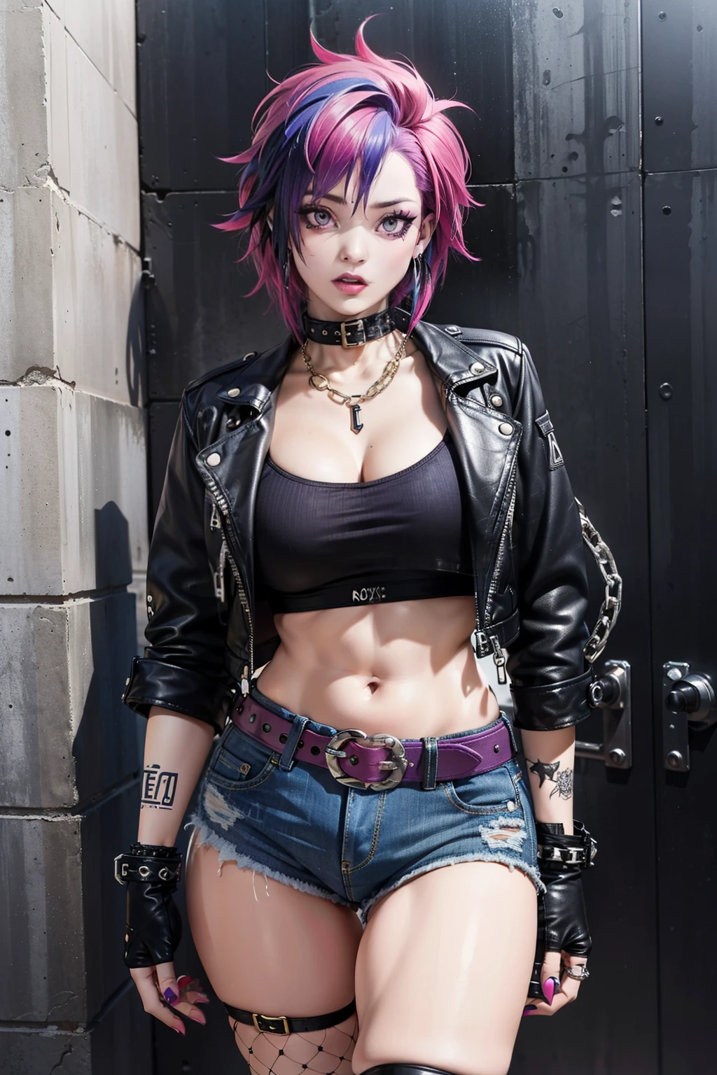 Create a role called Roxy, Punk rock girl who exudes rebellion. Roxy&#39;s unique look includes vibrant, (((An oversized purple and pink mohawk on top of her head))) Both sides of her scalp were shaved，To showcase a range of fascinating tattoos. Her style is the epitome of cool, A cropped leather jacket features plenty of edgy pins and needles, Complemented by a variety of exquisite punk jewelry. She also wears red or black fishnets with random holes.

Under her fiery red jacket, Roxy rock zigzag vest, Carefully designed clever holes，Revealing the carefully designed black bra underneath. (((Her rebellious look continued with a pair of dark denim shorts，Comes with chain as belt, and other iconic punk and goth rock accessories，Make her look more perfect))).

Roxy&#39;s boots tell their own story, Experienced countless punk adventures, They now boast a shabby, Dark purple tones for a dirty look, Paired with bold red laces and chunky, Trampled soles. Imagine her in the gritty atmosphere of a dive bar, Surrounded by punk rockers, The visuals are reminiscent of Zack Snyder&#39;s unique style