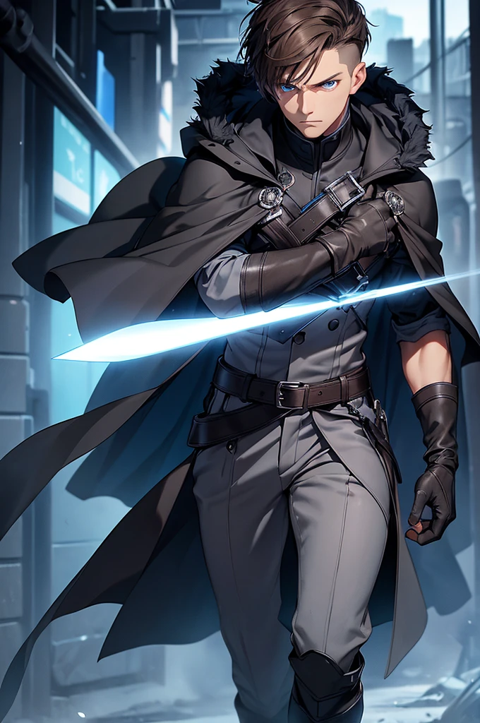 1man, brown hair, short hair, fade, fringe, glowing blue eyes, (black gloves + light bluish gray cloak), boots, black trousers, knife, full body shot, serious expression, Solo, High quality, detail hands
