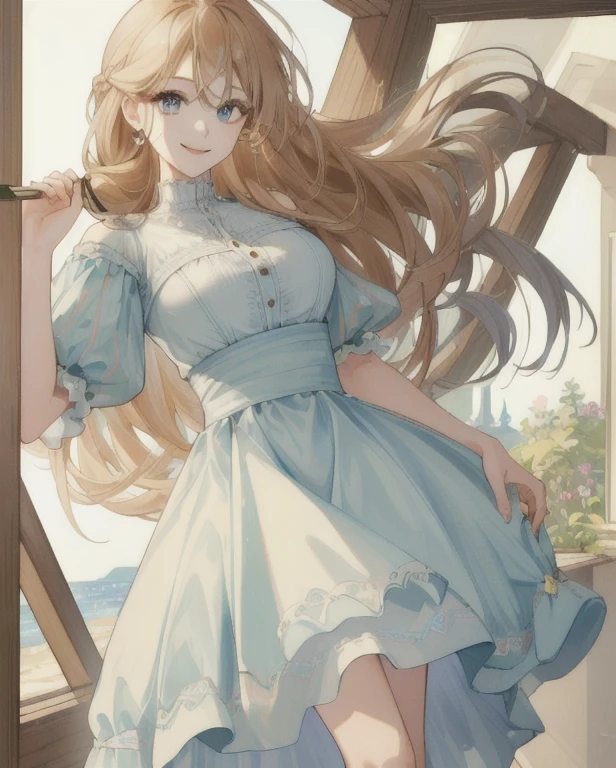 ((highest quality, 8K, masterpiece: 1.3)), 1 girl, The beauty of slim abs: 1.3, (long hairstyle casual, big breasts leaking: 1.2), dress: 1.1, super fine face, delicate eyes, double eyelid, smile, Home