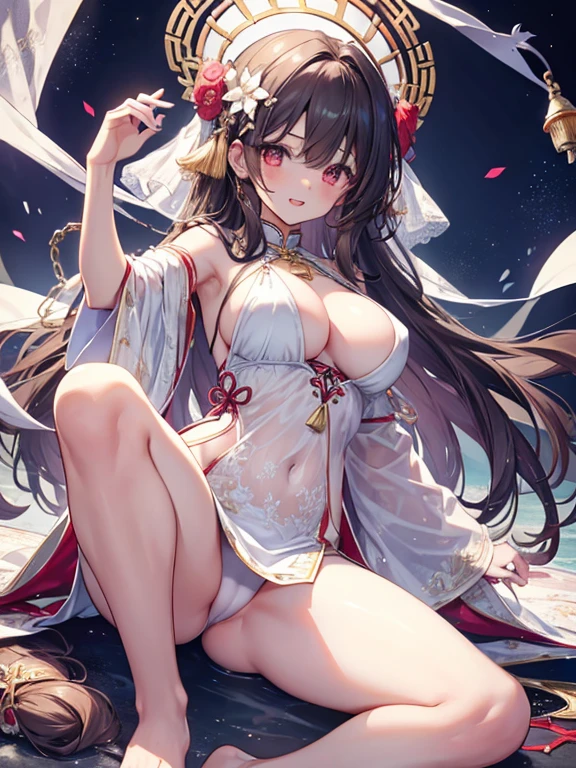 tmasterpiece， Best quality at best， 1girll， solo， long whitr hair， nedium ， looking at viewert， ssmile， By bangs，big cleavage ， hair adornments， red eyesits， shift dresses，((4K,Masterpiece,Best quality)), beauitful face,Hair accessories,solo,looking at viewert,ssmile,Shut your mouth,cparted lips,hair adornments,choker necklace,jewely,long whitr hair,耳 Ring,Chinese outfit,ultra - detailed,The inserts are very delicate and beautiful,dynamic angle,floatking,Beautiful and delicate eyes,Detailed light,Large ,,big assa，Floating hair,glowing light eyes，，Hood cloth，Lace lingerie ，Blushlush，Lace lingerie ,Lace lingerie ,Kizi，Armpits，Blushlush，Hair between both eyes，long whitr hair，looking-at-viewer，solo，separate，outstretched legs，Very long hair，1 rapariga，（（brunette color hair）），The barefoot，Solitude，the feet，（（Red eyes）），long whitr hair，looki at viewer，jewely，Lie down，Blushlush，ssmile，leges，hindquarters，On the back，and the tongue sticks out，the original god,holding a pudica pose, passionate pose,Open mouth, ，holding a pudica pose，Harnes，chain，