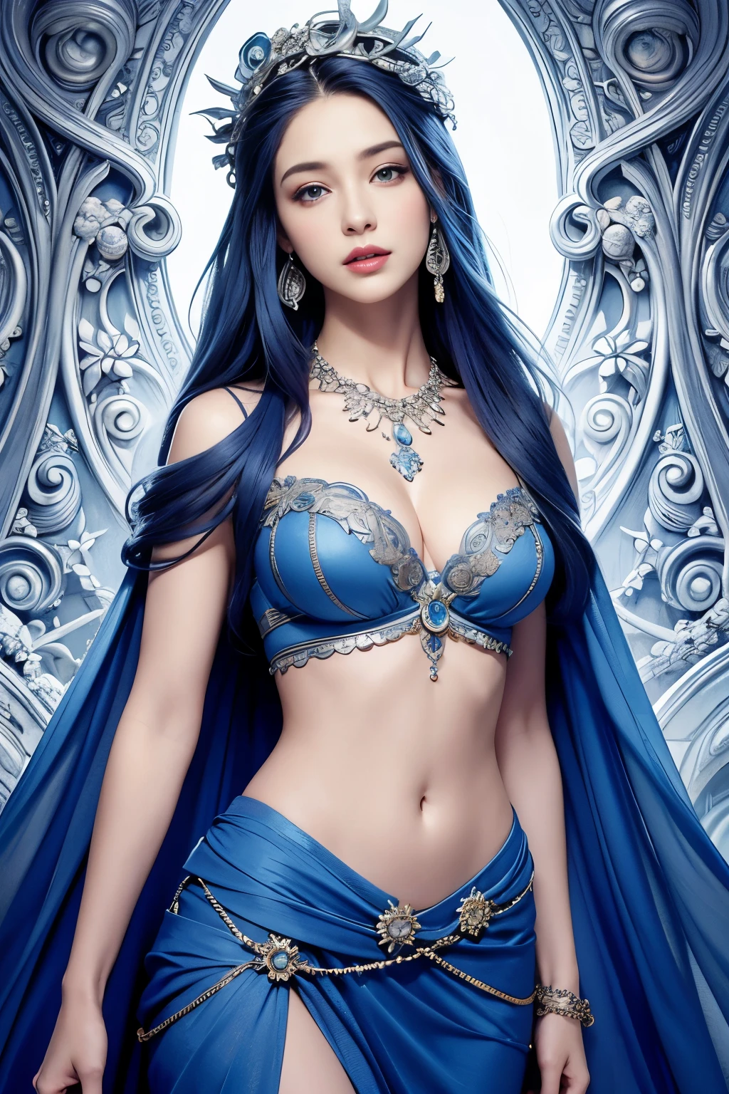 In this top-quality, high-resolution image, Medusa stands confidently with ultra-detailed features. Her fine hair cascades down, intricately rendered to capture every strand. With a detailed face that displays remarkable realism, her eyes and lips are meticulously crafted, drawing the viewer's attention. Adorned with a necklace and hair accessories, she wears a captivating blue ensemble that further enhances her mesmerizing presence. Making direct eye contact with the viewer, Medusa's piercing blue hair adds an intriguing element to the composition. This depiction showcases her from the waist up, ensuring that every aspect of her detailed portrayal can be appreciated.