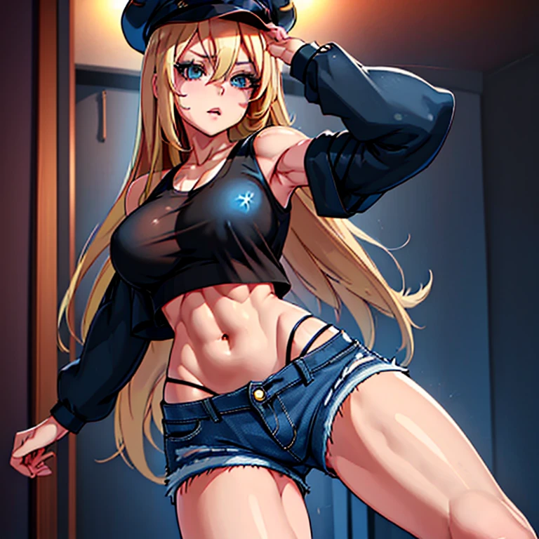 One beautiful girl, anime face, long hair, blonde, tall, nice body, black police hat, see-through tank top, belly button, armpits, ripped denim shorts, crotch emphasis, sexy pose, bedroom, ultra high quality 