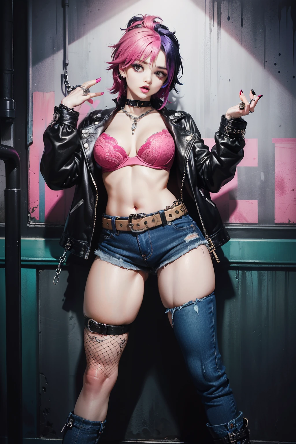 Create a role called Roxy, Punk rock girl who exudes rebellion. Roxy&#39;s unique look includes vibrant, (((An oversized purple and pink mohawk on top of her head))) Both sides of her scalp were shaved，To showcase a range of fascinating tattoos. Her style is the epitome of cool, A cropped leather jacket features plenty of edgy pins and needles, Complemented by a variety of exquisite punk jewelry. She also wears red or black fishnets with random holes.

Under her fiery red jacket, Roxy rock zigzag vest, Carefully designed clever holes，Revealing the carefully designed black bra underneath. (((Her rebellious look continued with a pair of dark denim shorts，Comes with chain as belt, and other iconic punk and goth rock accessories，Make her look more perfect))).

Roxy&#39;s boots tell their own story, Experienced countless punk adventures, They now boast a shabby, Dark purple tones for a dirty look, Paired with bold red laces and chunky, Trampled soles. Imagine her in the gritty atmosphere of a dive bar, Surrounded by punk rockers, The visuals are reminiscent of Zack Snyder&#39;s unique style