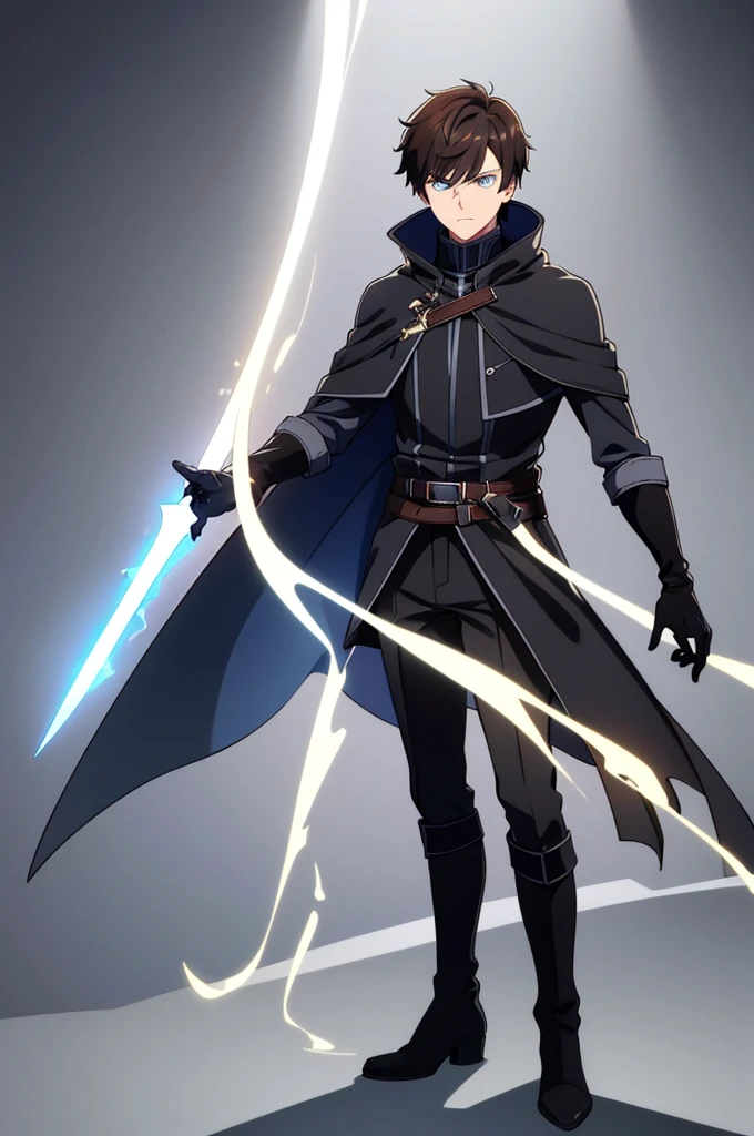 1man, brown hair, short hair, fade, fringe, glowing blue eyes, (black gloves + light bluish gray cloak), boots, black trousers, dagger, full body shot, serious expression, Solo, High quality, detail hands
