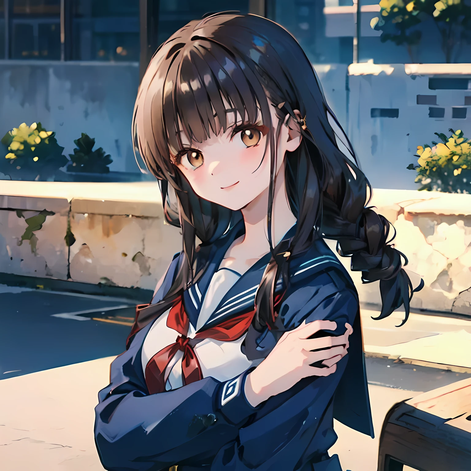 highest quality, (masterpiece:1.2), High resolution, perfect pixel, One long and so beautiful straight haired , 16 years old, (((big very detailed beautiful dark brown eyes))), ((((Navy blue winter sailor suit)))), ((very lovely & large & wide ribbon barrette)), ((((very beautiful long straight straight hair)))), ((Blue ribbon on the chest)), (((face up))), ((Smiling at the audience)), Very fun, Very happy, mouth is open, the long skirt is so cute, detailed fingers, modest chest, ((curled bangs)), ((Lip balm)), so beautiful, long eyelashes, ((セーラー服 is photo realistic)), (((Touching your hair with your hands))), ((Showing viewers the beauty of straight hair)), ((very big girly hair ribbons)), ((Impressive and very beautiful eyes)), (((shot from the side))), double eyelids