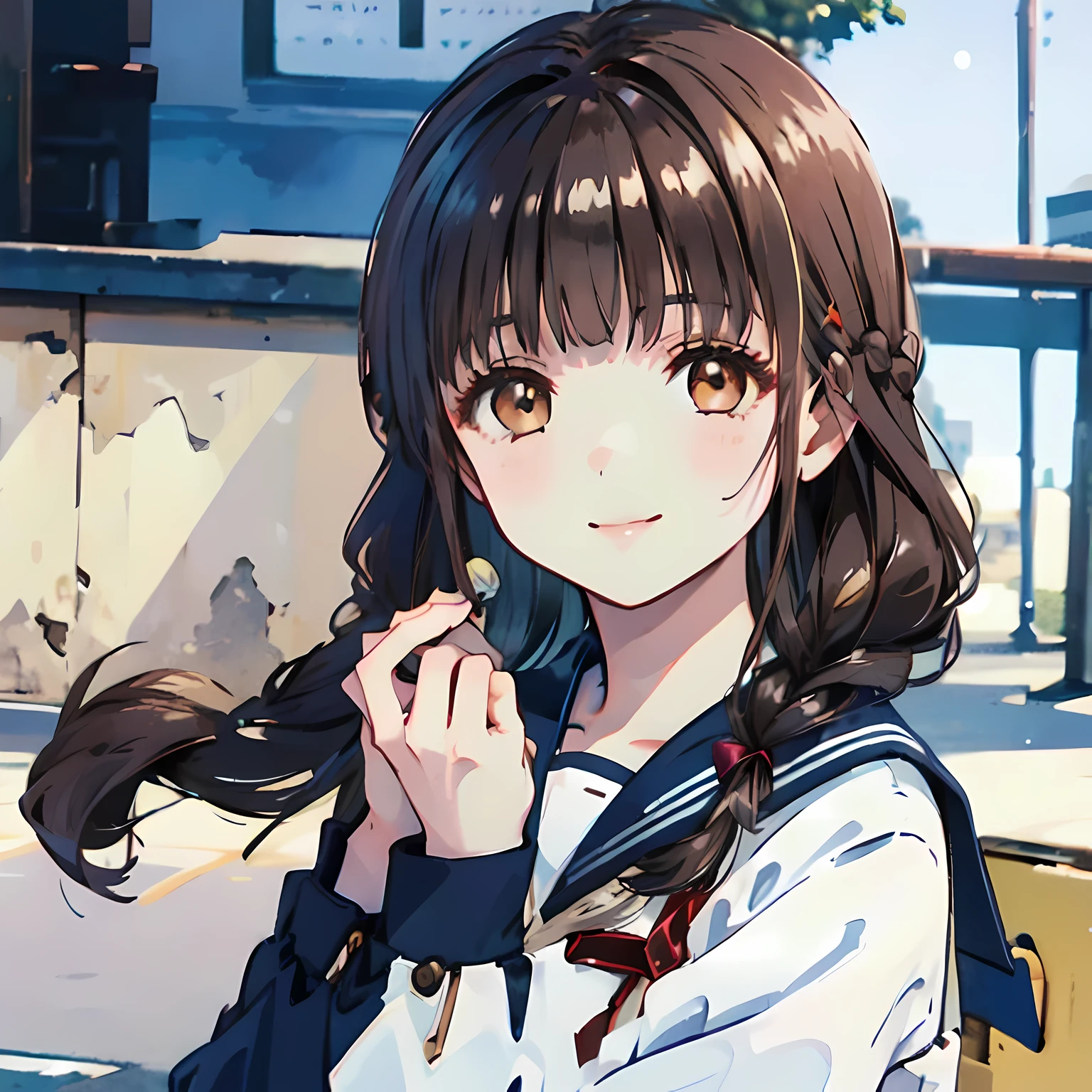 highest quality, (masterpiece:1.2), High resolution, perfect pixel, One long and so beautiful straight haired , 16 years old, (((big very detailed beautiful dark brown eyes))), ((((Navy blue winter sailor suit)))), ((very lovely & large & wide ribbon barrette)), ((((very beautiful long straight straight hair)))), ((Blue ribbon on the chest)), (((face up))), ((Smiling at the audience)), Very fun, Very happy, mouth is open, the long skirt is so cute, detailed fingers, modest chest, ((curled bangs)), ((Lip balm)), so beautiful, long eyelashes, ((セーラー服 is photo realistic)), (((Touching your hair with your hands))), ((Showing viewers the beauty of straight hair)), ((very big girly hair ribbons)), ((Impressive and very beautiful eyes)), (((shot from the side))), double eyelids