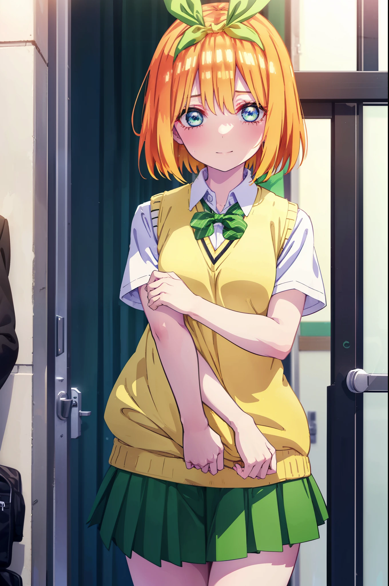 yotsubanakano, yotsuba nakano, bangs, short hair, blue eyes, hair between eyes, hair ribbon, hair band, orange hair, (green ribbon:1.5), smile,tears run down her face,Crying with joy,blush,smile,
Mikan Yuki skirt, shirt, bow, ribbon, , white shirt, short sleeve, pleated skirt, shoes, shoes下, collared shirt, mini skirt, bowtie, black footwear, knee high, green skirt, black shoes下, loafers, green bow, sweater vest, green ribbon, (yellow sweater vest:1.5),window building street,evening,sunset,
break indoors, classroom,
break looking at viewer, (cowboy shot:1.5),
break (masterpiece:1.2), highest quality, High resolution, unity 8k wallpaper, (figure:0.8), (detailed and beautiful eyes:1.6), highly detailed face, perfect lighting, Very detailed CG, (perfect hands, perfect anatomy),