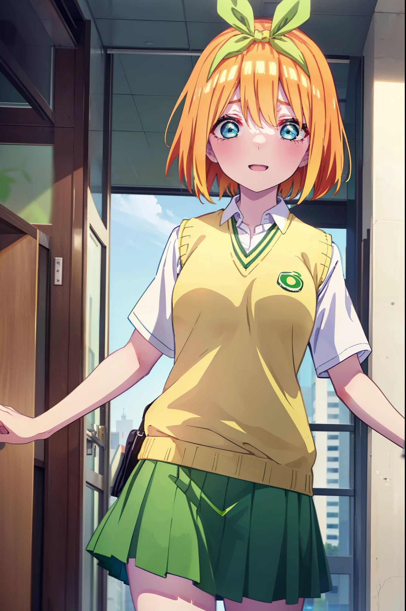 yotsubanakano, yotsuba nakano, bangs, short hair, blue eyes, hair between eyes, hair ribbon, hair band, orange hair, (green ribbon:1.5), smile,tears run down her face,Crying with joy,blush,smile,
Mikan Yuki skirt, shirt, bow, ribbon, , white shirt, short sleeve, pleated skirt, shoes, shoes下, collared shirt, mini skirt, bowtie, black footwear, knee high, green skirt, black shoes下, loafers, green bow, sweater vest, green ribbon, (yellow sweater vest:1.5),window building street,evening,sunset,
break indoors, classroom,
break looking at viewer, (cowboy shot:1.5),
break (masterpiece:1.2), highest quality, High resolution, unity 8k wallpaper, (figure:0.8), (detailed and beautiful eyes:1.6), highly detailed face, perfect lighting, Very detailed CG, (perfect hands, perfect anatomy),