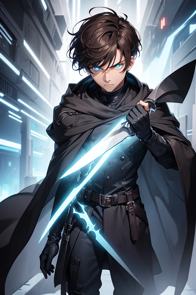 1man, brown hair, short hair, fade, fringe, glowing blue eyes, (black gloves + light bluish gray cloak), boots, black trousers, knife, full body shot, serious expression, Solo, High quality, detail hands