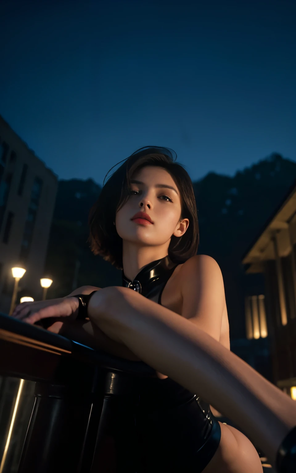 (best quality, masterpiece: 1.1), (Fidelity: 1.4), 1 girl, Upper body, very short hair, mad, , Glossy leather corset, glossy leather bondage, underwear, Seductive pose, ((Look up at the beauty at your feet, super perspective, view from below))), Towering Beauty, Condescending beauty, SFW, Outdoor Outdoor, night, beautiful night view, enchanting body, heavily exposed shots, legs spread, Feet mainly