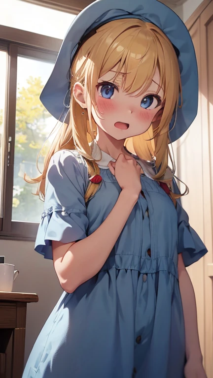 mastute piece,Best Quality,insanely detailed,8k cg,nsfw,
shoot upper body,(body in front:1.1),1girl,standing,looking at viewer,(light blue-smock:1.2,break),(yellow-round-hat:1.1),BREAK,blush,shy,ecstasy face,gasping,(trembling:1.2),yellow hair,break,open mouth,playroom,