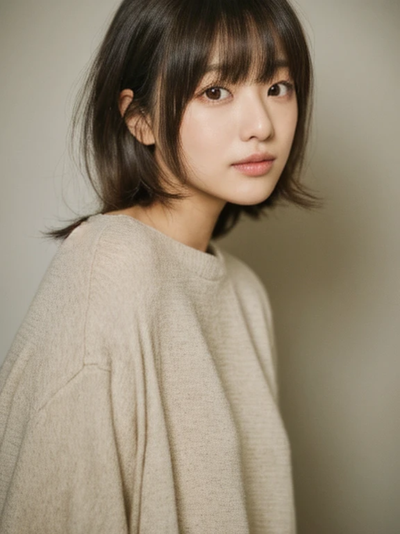 highest quality, High resolution, Japanese, Beautiful woman,
thin hair, thin hair, thin bangs, very short hair, short haircut, buzz cut hair,
22 years old, fine skin, natural makeup, dark eye shadow, extremely thin eyebrows, Highlight your eyes with eyeliner,
chuckle,long sleeve, Natural clothes, wide pants,
Earth-toned clothes with thin fabrics, Are standing, don&#39;t wear underwear、looking down at the viewer, From the side, full body photo, soft light in the studio, catch light, simple background, white room, just the wall, white background