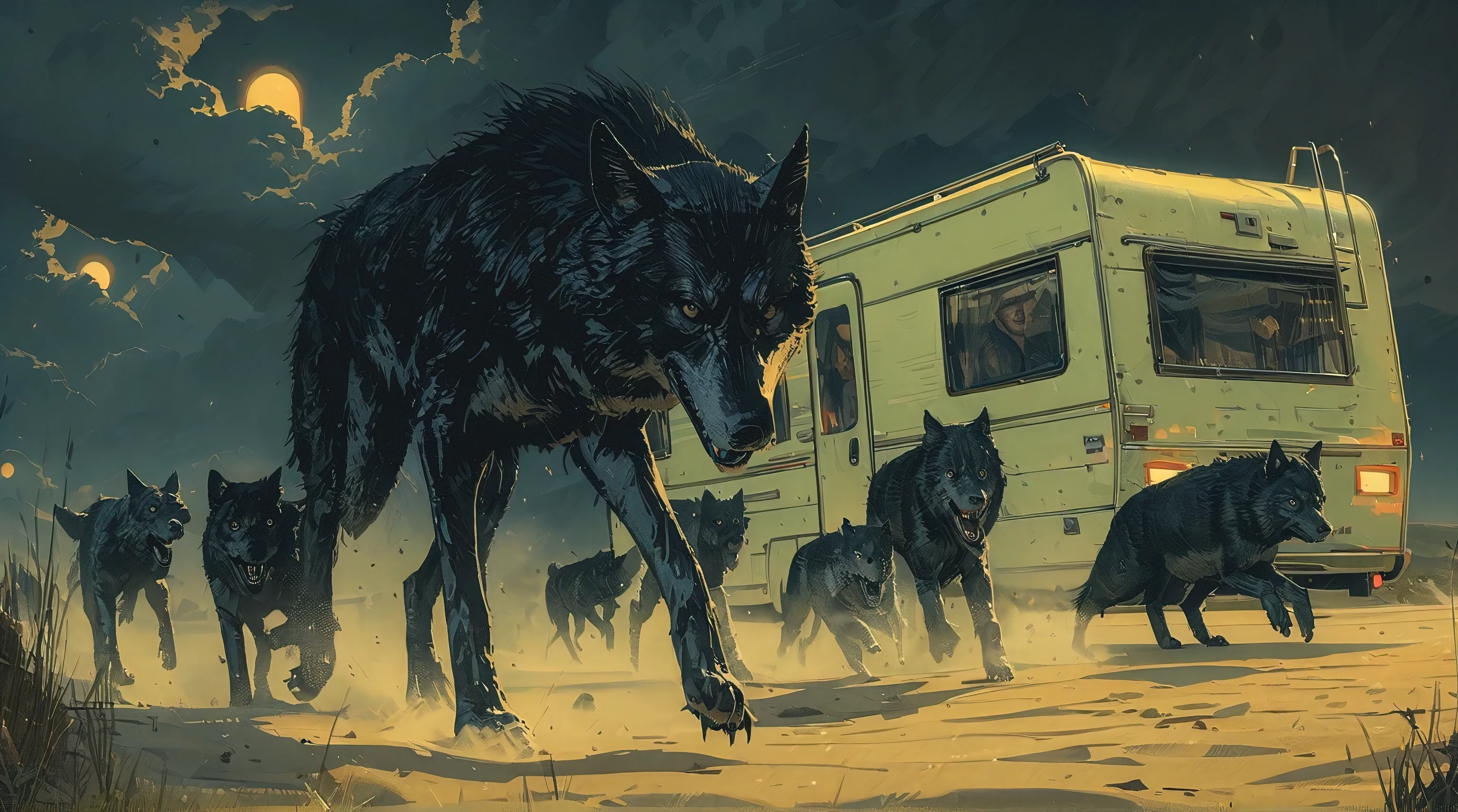 (giant black wolves,attacking,caravan,illustration,style:Daniel Clowes,Beksinski),(best quality,4k,8k,highres,masterpiece:1.2),ultra-detailed,(realistic,photorealistic,photo-realistic:1.37),(portraits,landscape),dark atmosphere,cold tones,ominous lighting.