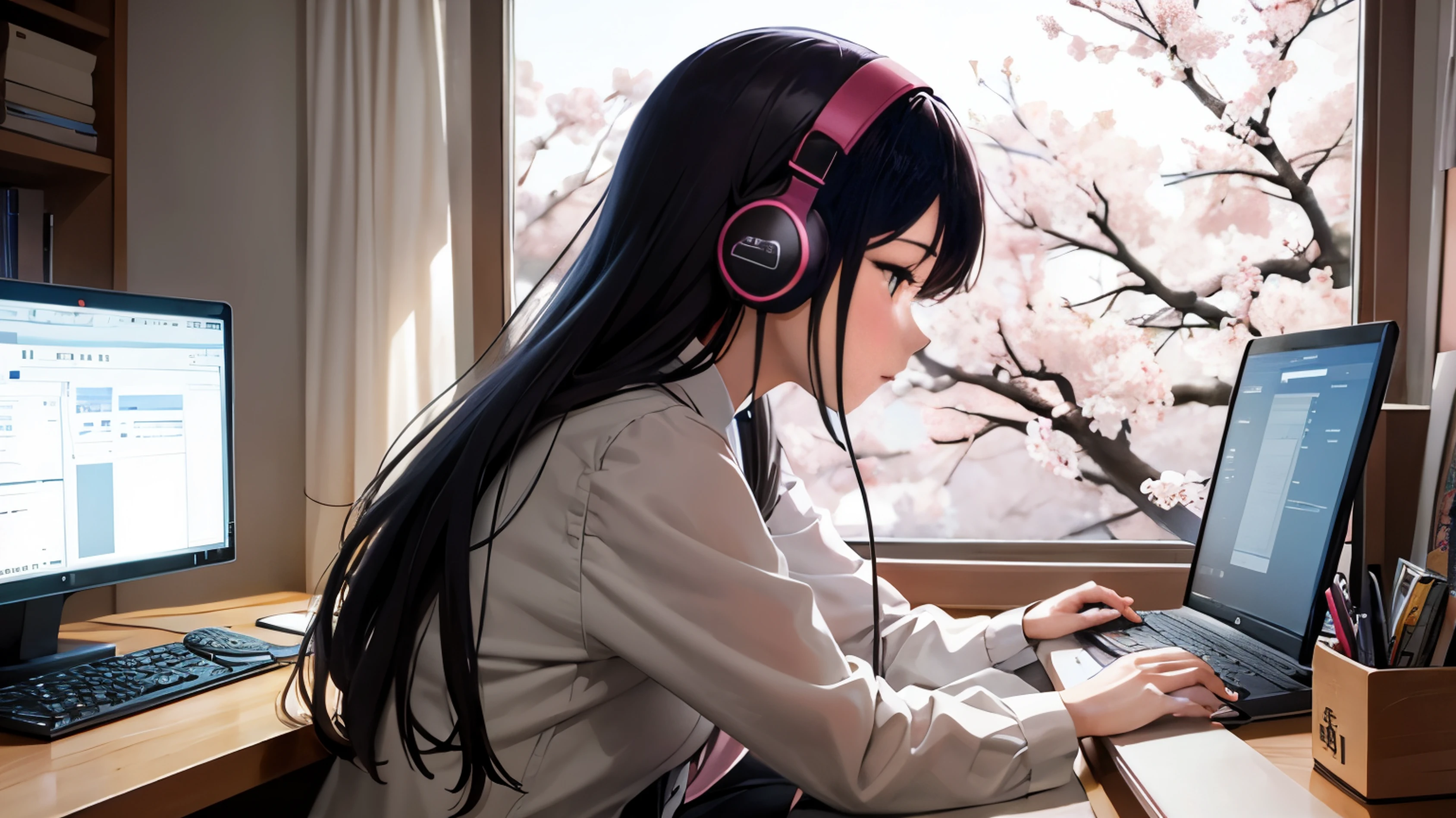 woman working on a computer、20th generation、my room、Concentrating on the work、The view outside the window is cherry blossoms、headphones、It has a computer screen、Concentrated profile of a woman