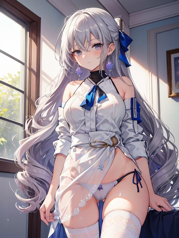 Masterpiece, best quality, highres, highly detailed, 1 girl, long hair, silver hair, gray eyes, pair purple and blue earrings, large breast, unbottened white shirt, white lace panties, she wet, nipple perked out from under shirt, indoor, bedroom background, looking at viewers