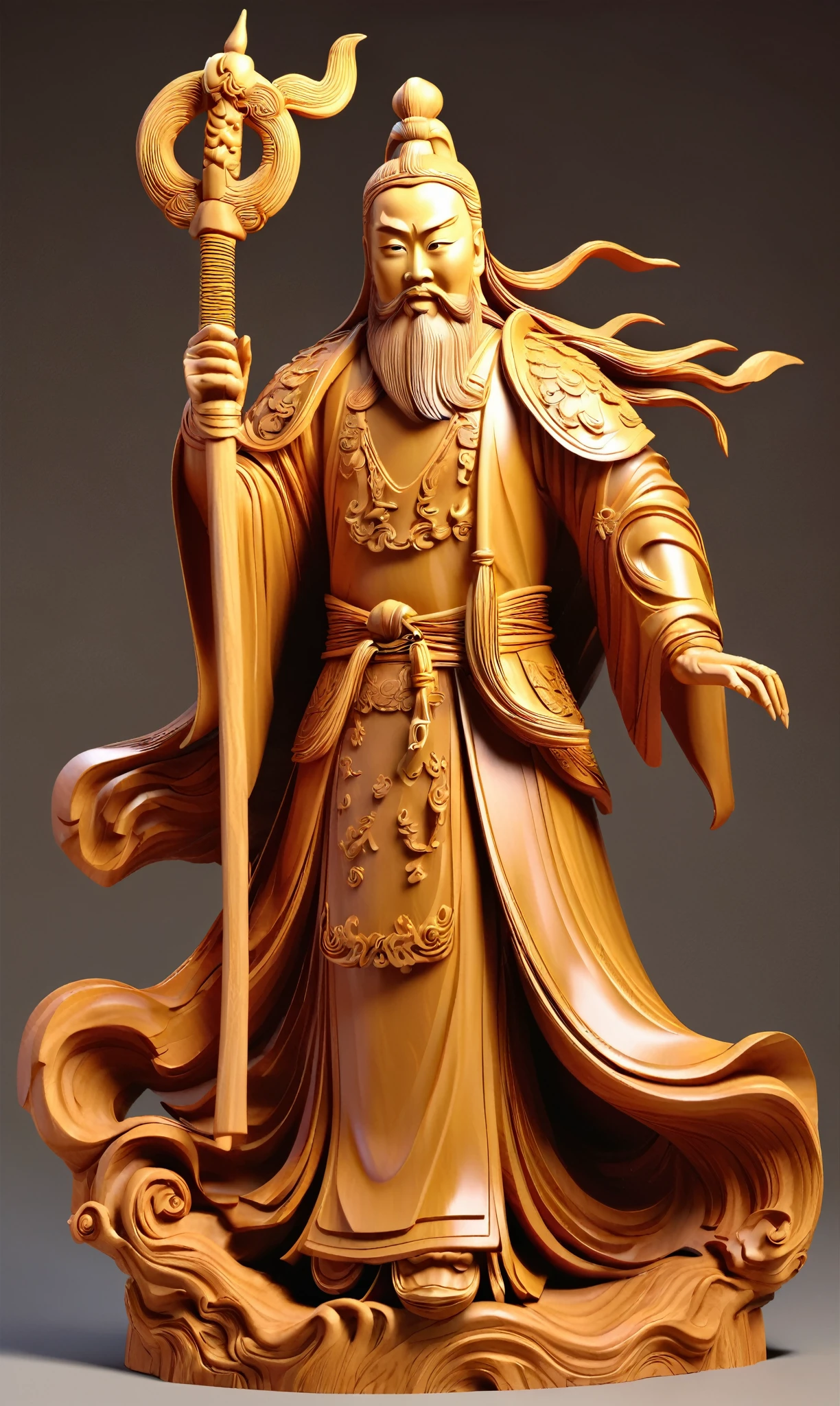 A woodcarving guan yu,rosewood,smooth surface,(full_body),rimming light,Wood grain background,playful illustrations,playful,dreamy imagery,Chinese style,extremely detailed,artstation,8k,soft lighting,soft contrast,incredible art,wlop,artgerm,Gold，Glaive