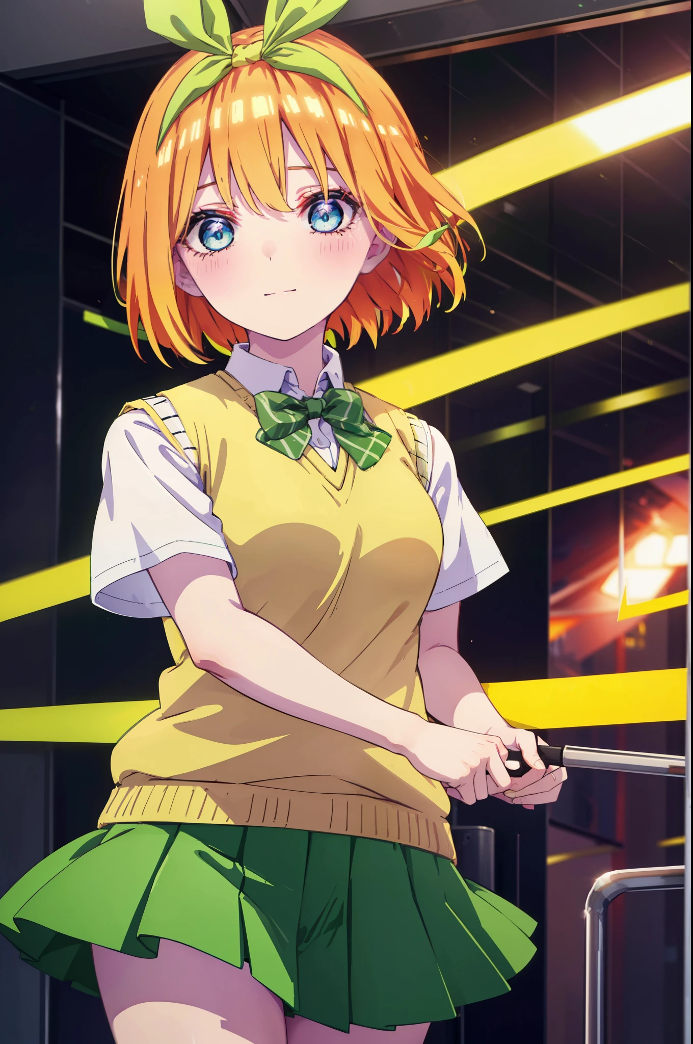 yotsubanakano, yotsuba nakano, bangs, short hair, blue eyes, hair between eyes, hair ribbon, hair band, orange hair, (green ribbon:1.5), smile,tears run down her face,Crying with joy,blush,smile,
Mikan Yuki skirt, shirt, bow, ribbon, , white shirt, short sleeve, pleated skirt, shoes, shoes下, collared shirt, mini skirt, bowtie, black footwear, knee high, green skirt, black shoes下, loafers, green bow, sweater vest, green ribbon, (yellow sweater vest:1.5),evening,sunset,
break indoors, classroom,
break looking at viewer, (cowboy shot:1.5),
break (masterpiece:1.2), highest quality, High resolution, unity 8k wallpaper, (figure:0.8), (detailed and beautiful eyes:1.6), highly detailed face, perfect lighting, Very detailed CG, (perfect hands, perfect anatomy),