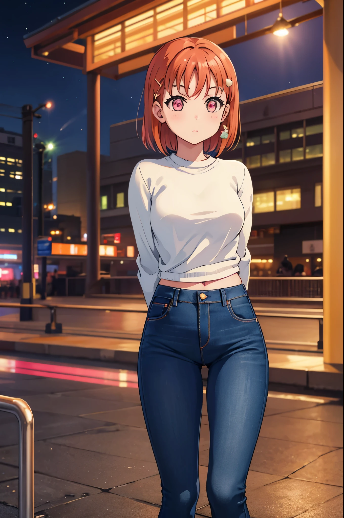 Takami chika, night, train station, tight jeans pants,sweater top,arms behind back, short hair, hair ornament, crotch lines, standing ،yearning, pink eyes, orange hair